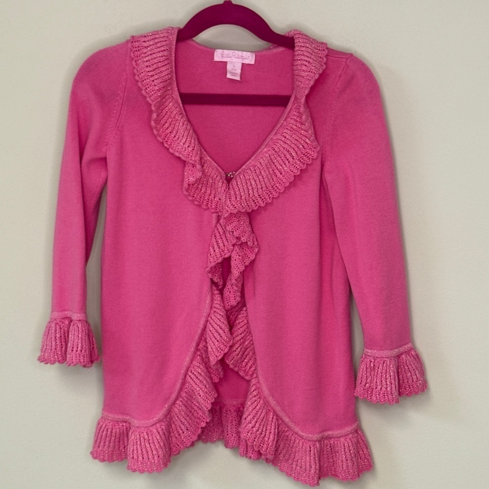 Lilly Pulitzer: Girls Pink Ruffle Front Knit Cardigan Sweater, Size S (4/5)